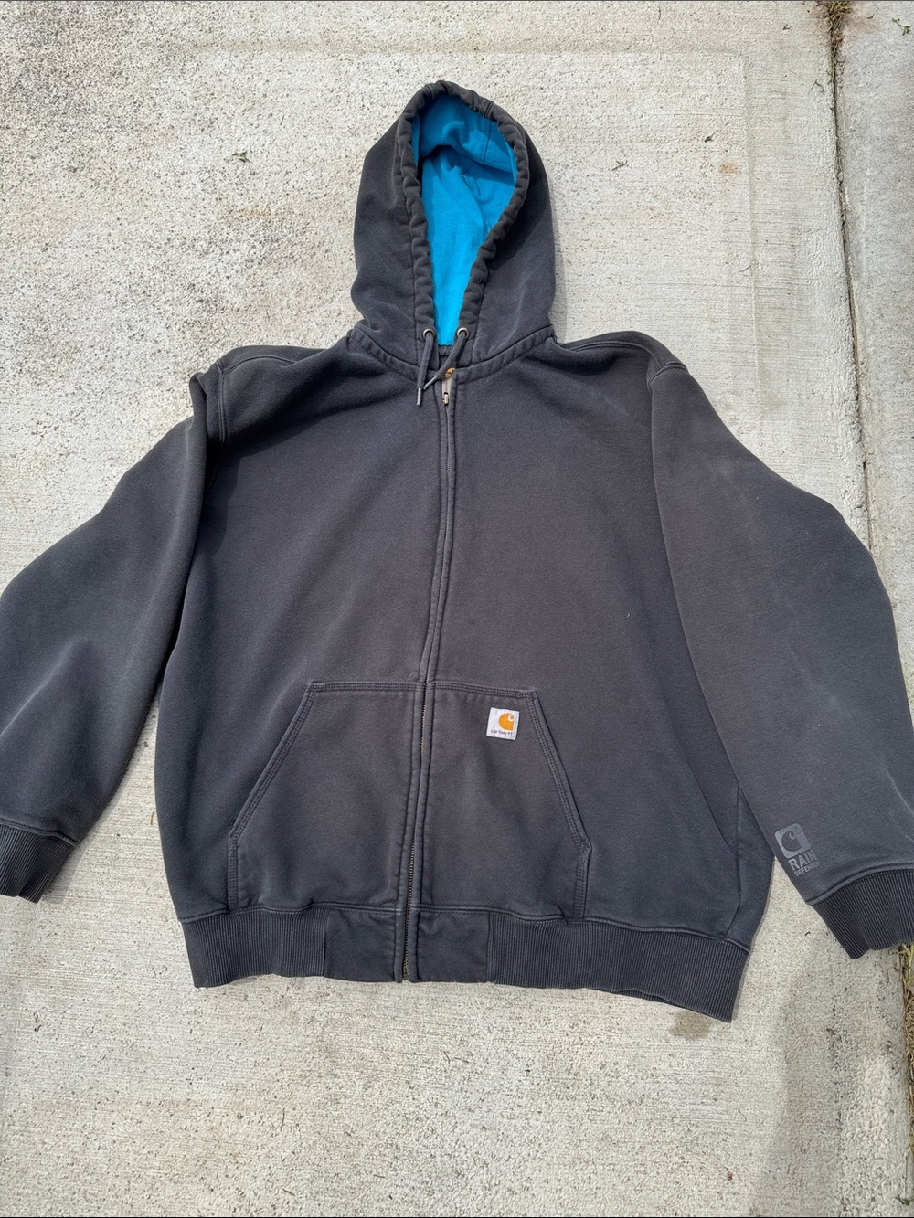 Carhartt Men’s Black Zip-Up Hoodie with Bright Blue Hood Lining